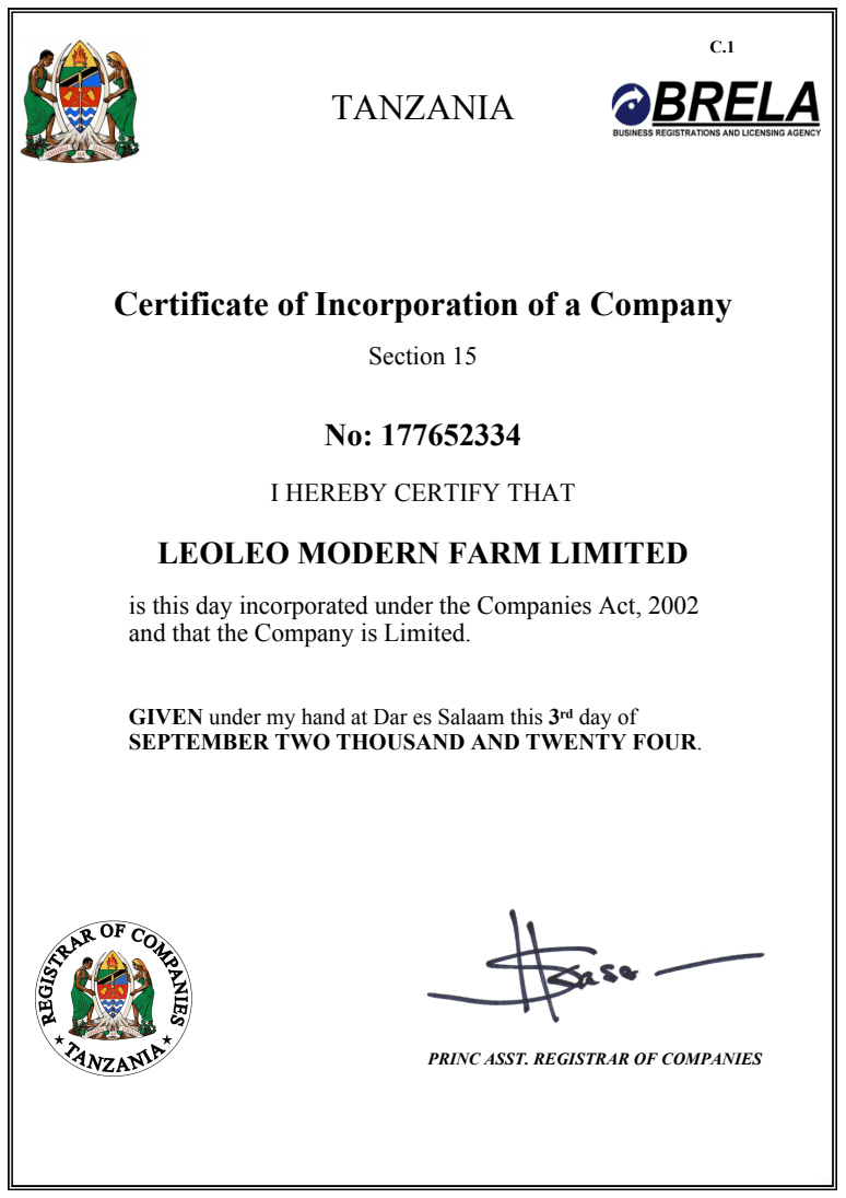 BRELA Company incorporation certificate for Leoleo Modern Farm Limited