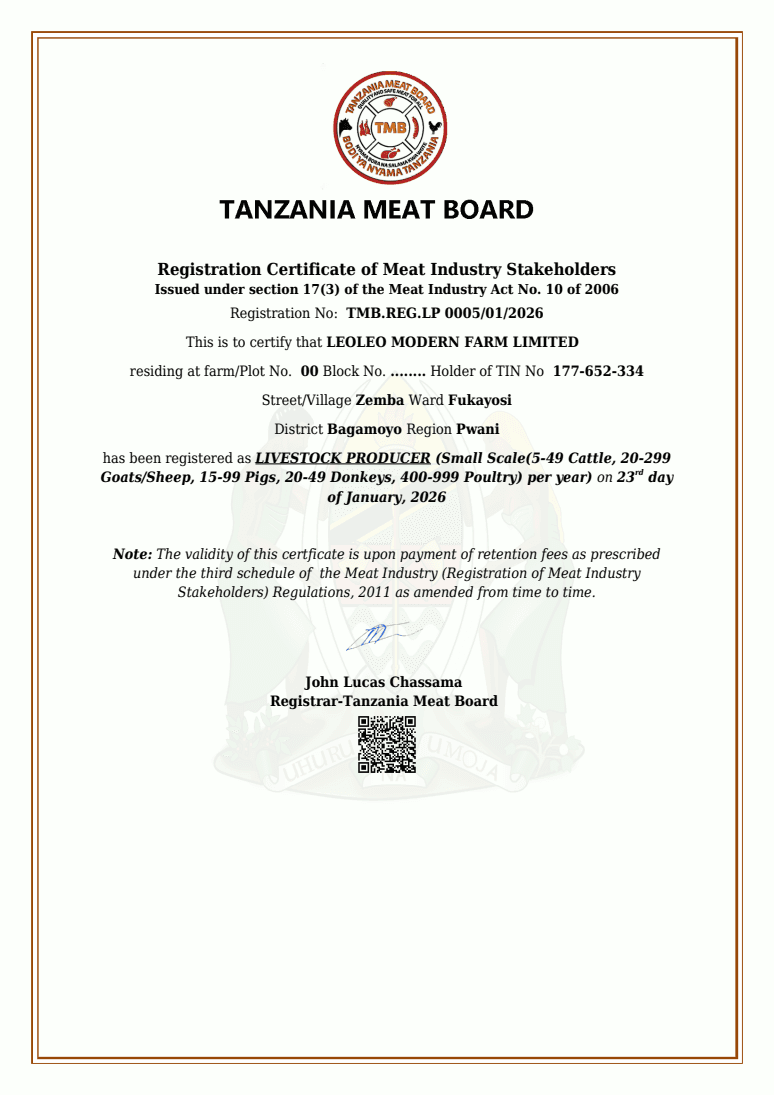 Tanzania Meat Board Livestock producer certificate for Leoleo Modern Farm Limited