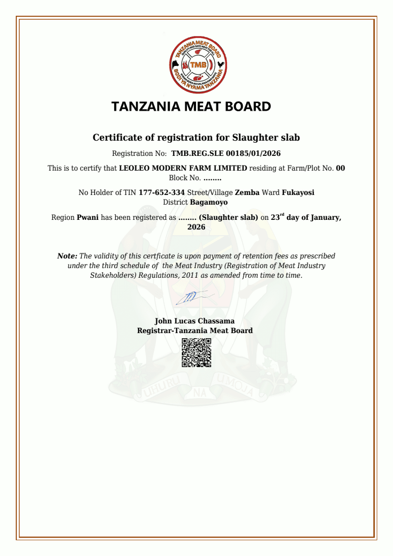Tanzania Meat Board Slaughter slab certificate for Leoleo Modern Farm Limited