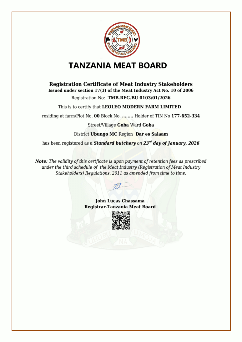 Tanzania Meat Board Standard butchery certificate for Leoleo Modern Farm Limited