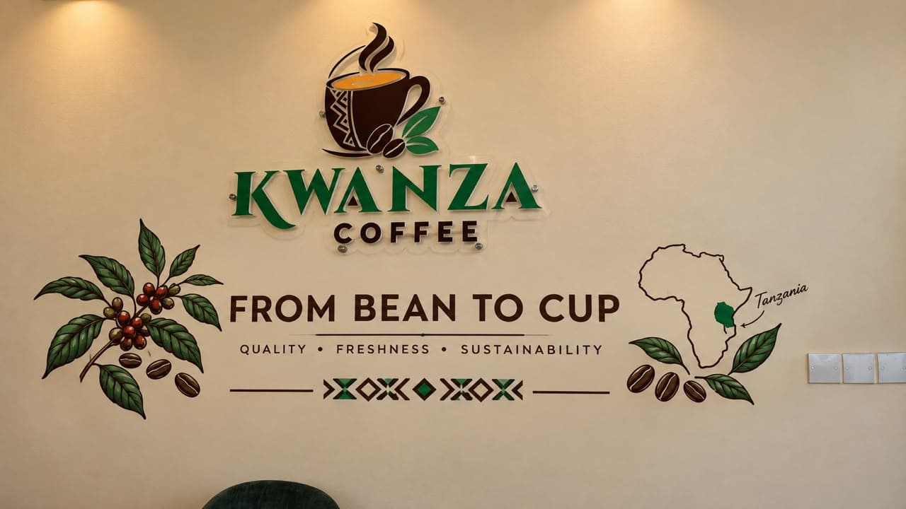 Kwanza Coffee wall sign inside the coffee shop